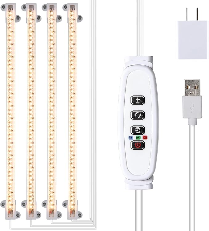 LED Plant Growing lamp, 3000K Full Spectrum Grow Light Strips for Indoor Plants with 3/9/12H Timer & 10 Dimmable Levels, Led Growth Light for Green House Hydroponics Succulent 13In 4Head