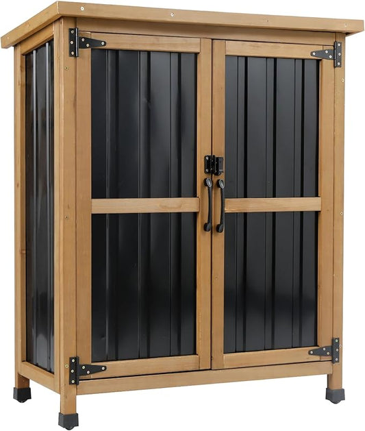 Outdoor Storage Cabinet, Wood & Metal Small Storage Shed with Weather-Resistant Asphalt Roof, Double Lockable Doors & Removable Shelves for Porch, Patio, Garden, Backyard, 32" x 13" x 40"