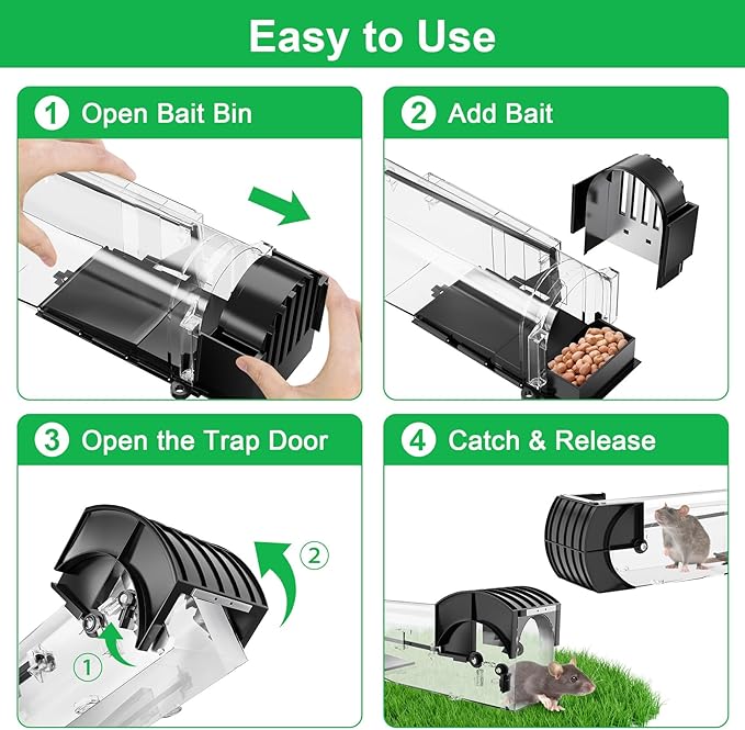 Humane Mouse Traps, 12.6 Inches Enlarged No Kill Live Rat Rodent Traps for Chipmunks, Reusable Catch and Release Mouse Trap That Work for Indoor & Outdoor (2 Pack)