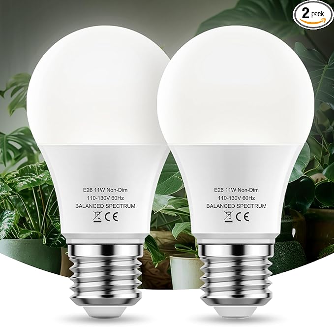 Grow Light Bulbs 5000K, LED Grow Light Bulb A19, Full Spectrum Light Bulb, Grow Bulb E26 Base, 11W Plant Light Bulbs 100W Equivalent, Grow Light Bulb for Indoor Plants, Flowers, Greenhouse, 2 Pack
