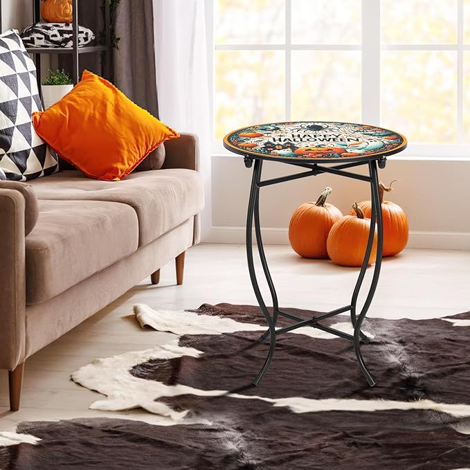 Round Side Table, Indoor Outdoor Small Side Table, Weather Resistant Metal Table for Livingroom Patio Balcony Yard Porch Garden, 17 Inch Heigh Patio Accent Table Plant Stand