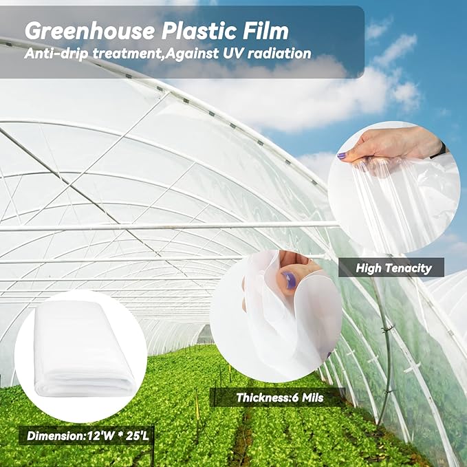 12' x 25' Greenhouse Plastic Film Sheeting Cover 6 Mil Thickness, Clear Greenhouse Cover Polyethylene Plastic UV Resistant Anti-drip, Anti-Fog for Farms, Agriculture, Garden, Farm Plastic Cover