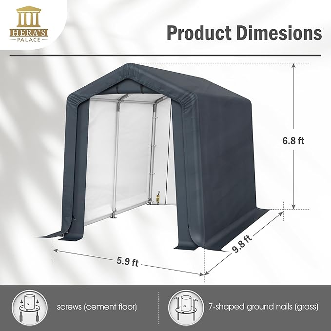 HERA'S PALACE 6x10ft Heavy Duty Storage Shed Outdoor Portable Car Canopy Carport Garage with 2 Rolled up Zipper Doors UV Resistant Waterproof Anti-Snow for Motorcycle Truck