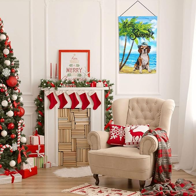 Beagle Dog Summer Summer Beach Palm Trees Tropical Garden Flag Welcome Party Outdoor Outside Decorations Picks Home House Garden Yard Decor 12x18 Inch