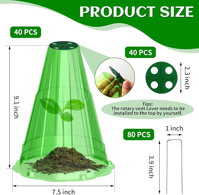Garden Cloches for Plants, 40 Pack Garden Cloche with Rotary Vent, Reusable Bell Plant Covers with 40Pcs Ground Stakes, Plant Cloche Protectors from Animals Snails Birds Chickens, 7.9" H X 6.7" D