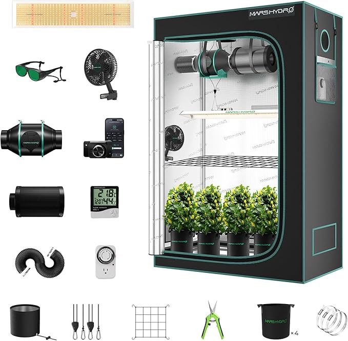 MARS HYDRO 2x4 Grow Tent Kit Complete System with 300W TSL2000 4x2 Full Coverage Dimmable Light,48"x24"x71" 1680D High Reflective Mylar,4inch 26.8dB,205CFM Smart Ventilation Kit,10 Speed Clip Fan
