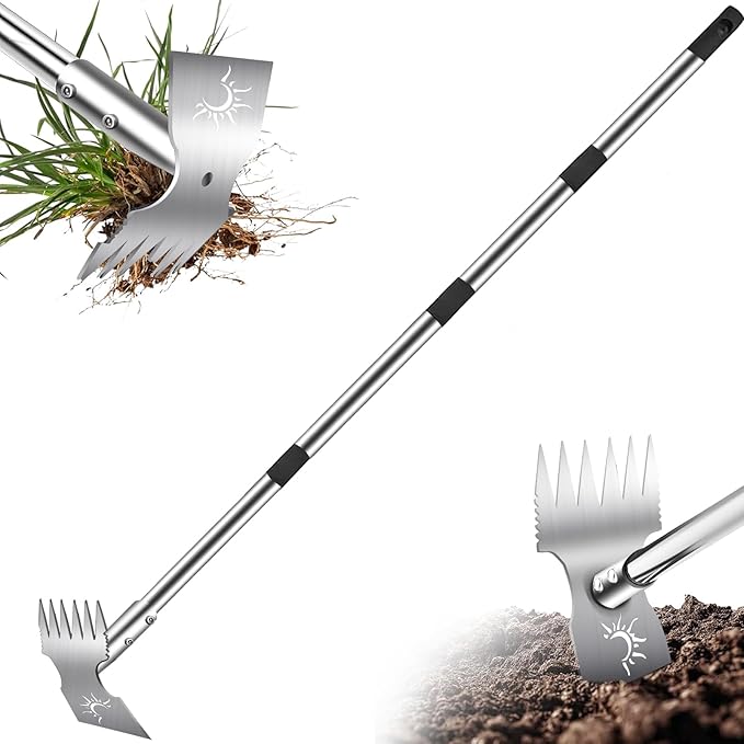 Weed Puller Tool with Long Handle, 60inch Manual Weeder Remover Tool, Stainless Steel 2 in 1 Hand Weed Rake for Gardening, Heavy Duty Uprooting Weeding Pull for Garden, Lawn,Yard, Patio