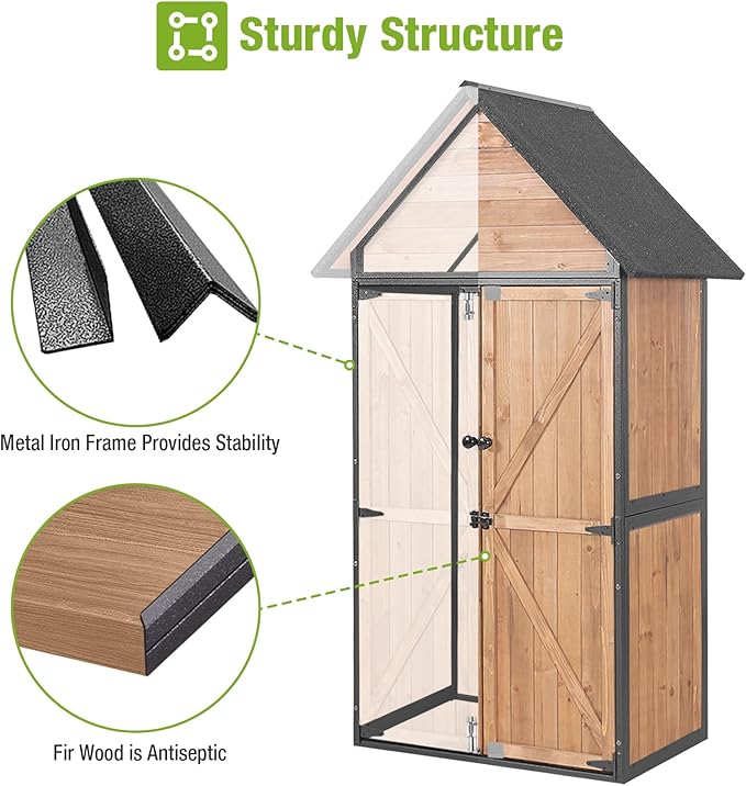 GUTINNEEN Outdoor Storage Shed with All Around Strong Metal Frame, Garden Tool Sheds Cabinet with Floor & Adjustable Shelves, Wooden Tool House for Backyard Garden Patio Lawn (Brown)