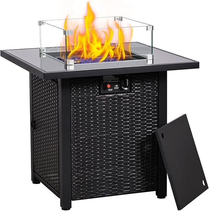 28'' Gas Fire Pit Table, Outdoor Square Fire Pit Table with Cover, Glass Wind Guard & Glass Rock, 60000 BTU Stainless Steel H-Burner Fire Pit Tables for Outside Patio Backyard Garden (Square)