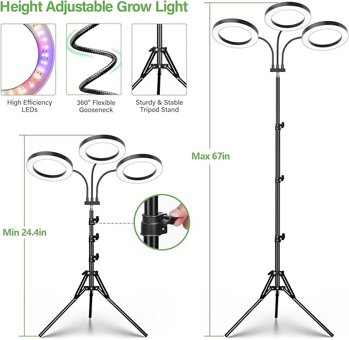 LORDEM Grow Light for Indoor Plants, Tri-Head Plant Light for Plants Growing, Full Spectrum Growth Lamp with Auto Timer for 4/8/12H, 4 Dimmable Levels, 216 LEDs, Height Adjustable Stand 24.4"- 67"