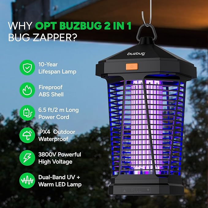 Buzbug LED Bug Zapper Outdoor and Lighting, 10 Years Lifespan, IPX4 Waterproof, 3800V High-Voltage, Fireproof Shell, 6.5ft Power Cord, Fruit Fly Mosquito Moth Gnat Wasp Zapper, Trap, Killer -MA20