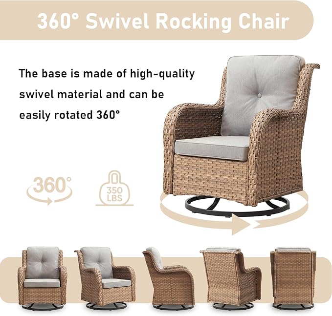 Wicker Outdoor Conversation Set-6 Pieces Outdoor Wicker High Back Couch with Swivel Rocker Chairs Patio Furniture for Deck Poolside Backyard-Yellow/Beige