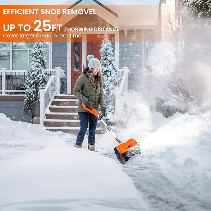 13" Cordless Snow Shovel, 2x 48V 600W Motor 4-Ah Battery Powered Snow Blower 8" Depth Electric Snow Shovel with Directional Plate Adjustable Front Handle (4-Ah Battery & Quick Charger Included) Orange