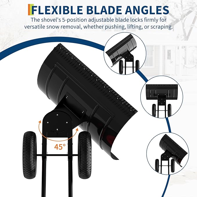 Large 40" W x 18" H Heavy Duty Snow Shovel with Wheels, Carbon Steel Blade w/Adjustable Angle & Height Ergonomic Handle for Easy Driveway & Pavement Clearing