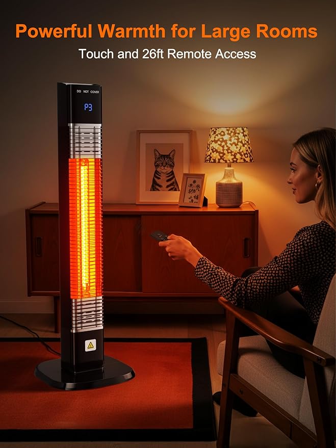 34'' Outdoor Patio Heater with Remote, 24H Timer & 1S Fast Heat, Carbon Fiber Heating Tube, 3 Heat Levels, Tip-Over and Overheat Protection, Electric Space Heaters for Backyard, Garage,Indoor Use