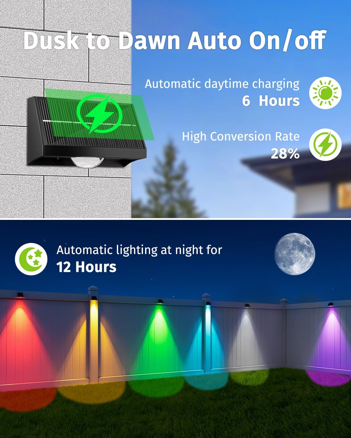 Solar Fence Lights Outdoor Waterproof High Brightness LED Spot Lens Deck Lights 7 Mode Warm & Cool White RGB Solar Powered Wall Light Decor for Christmas Outside Patio Step Backyard Rail - 12 Pack