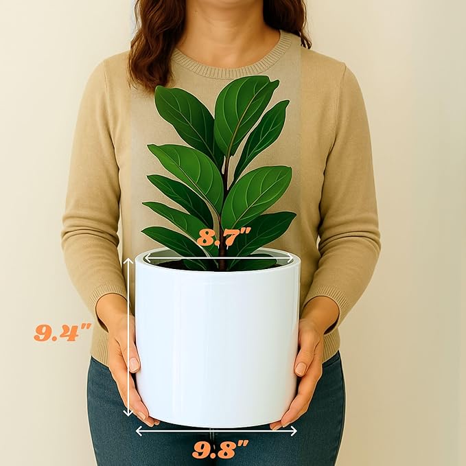 Fox & Fern 10 Inch Plant Pot with Drainage Plug — Premium Lightweight Fiberstone Glossy White Planter; Indoor & Outdoor Planter; 10 Inch Pots for Plants; Weather Resistant & UV Resistant