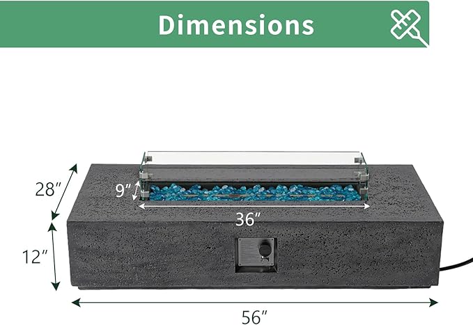 SUNBURY Outdoor Propane Burning Fire Pit, 56x28 inch Square Patio Fire Table 50,000 BTU Fire Pit for Outside with Waterproof Cover and Blue Glass Stones, Light Gray