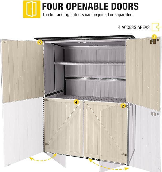 Aivituvin Storage Shed Outdoor Storage Cabinet Upgraded with All Arounded Metal Frame, Wooden Floor and Adjustable Shevels 55" L x 29" W x 67" H, Off-White