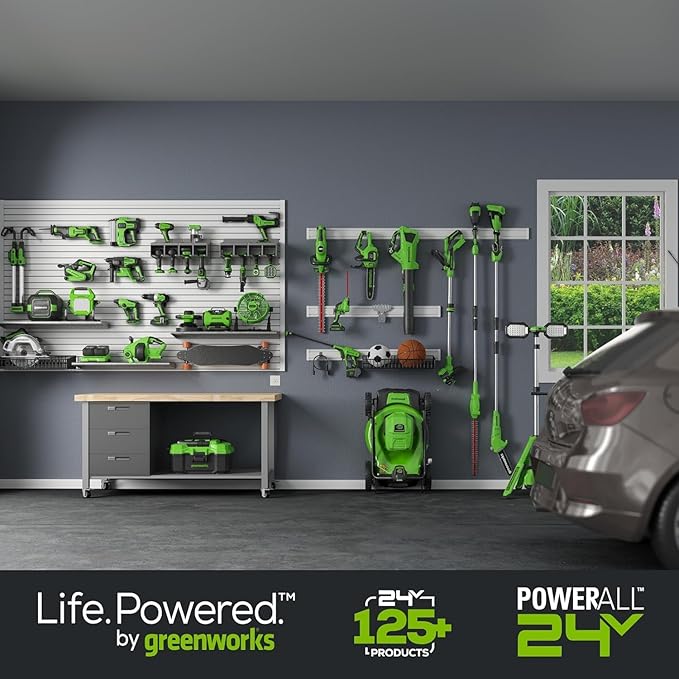 Greenworks 48V (2x24V) 17" Brushless Mower+12" String Trimmer+320CFM Blower+310 in./lbs Drill Driver, (2) 4.0Ah Batteries and (2) 2.0Ah Batteries, 2A Dual Port Charger