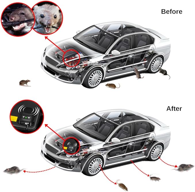 Car Rodent Repellent Ultrasonic Under Hood Animal Repeller Mouse and Rat Deterrent with LED Strobe – Engine Bay Pest Control Device for 12V 24V Vehicle, Automobile, Truck, RV