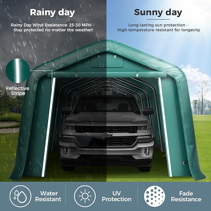 GREEN PARTY 11' x 32' Heavy Duty Carport, Portable Storage Shelter Shed Outdoor Carport with Roll-up Zipper Door & Vents, Storage Car Canopy Car Tent Garage for SUV, Truck and Boat, 200g PE Cover