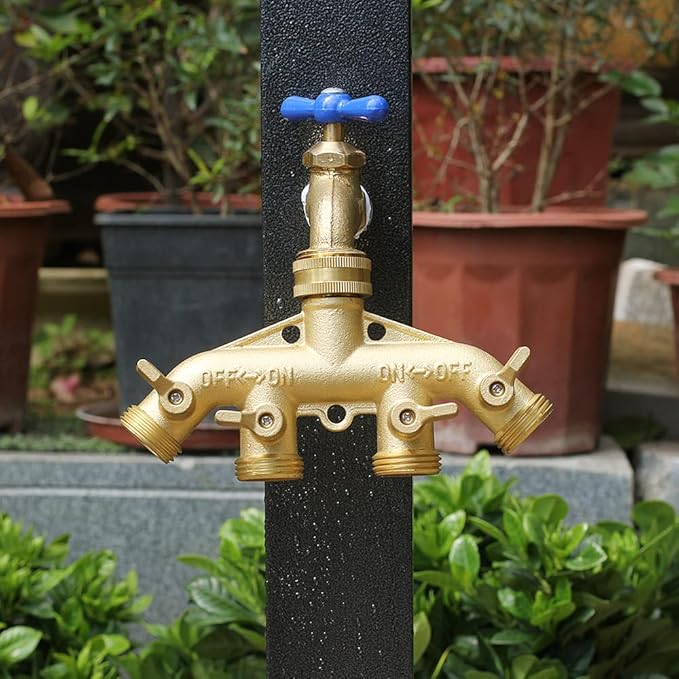Garden Hose Splitter Heavy Duty Brass Connector, Garden Faucet Splitter for Outdoor Faucet Hose Bib Splitter, Adapter with Comfortable Grip Shut Off Valves (4 Way splitter)