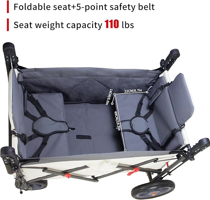 Foldable Wagon with Canopy - Collapsible Utility Cart with 2 Seats & Belts, Adjustable Handle, Expandable Front for Camping, Picnic, Shopping (Beige/Grey)