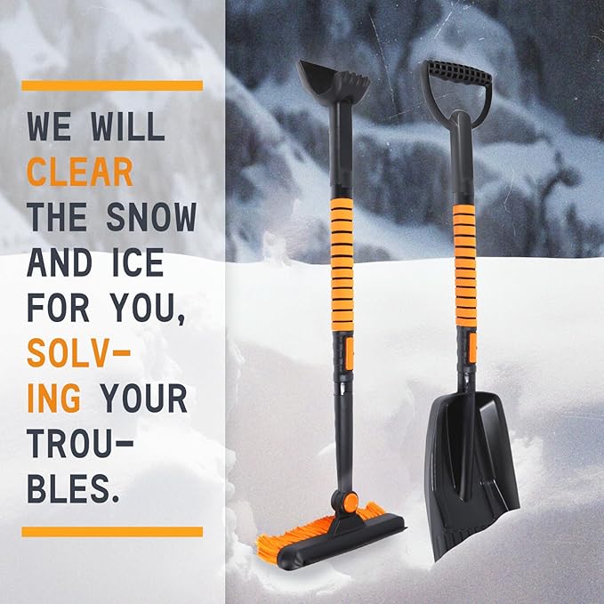 6 in 1 Snow Brush Snow Shovel Set Retractable Car Snow Scraper with 270° Rotating Broom Silicone Strip Foam Grip Ice Scraper and Accidental Snow Shovel Vehicle Winter Kit for Trucks SUV Cars