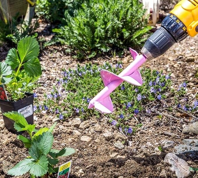 Power Planter Bulb Auger & Bedding Plant Tool - 3"x7" Garden Drill Bit with 3/8" Non-Slip Hex Drive, Hand-Welded Planting Tool, Up to 6" Deep, Pink