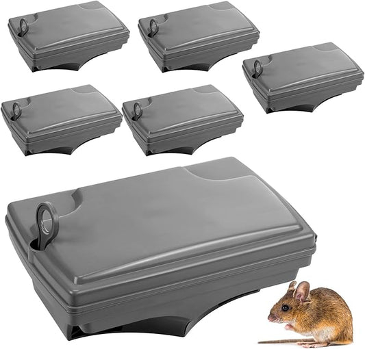 Qualirey 6 Pack Rat Bait Stations with 6 Keys Reusable Heavy Duty for Rodents Outdoor Mouse Poison Holder Large Station Traps for Mice Pests, Bait Not Included(Grey)