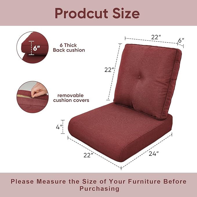 8-Piece Outdoor Patio Cushion Set - Fade & Water Resistant with Removable Olefin Cover, 22x24x4 Inch Memory Foam Cushions for Wicker Sectional Sofa – Red/Buckle
