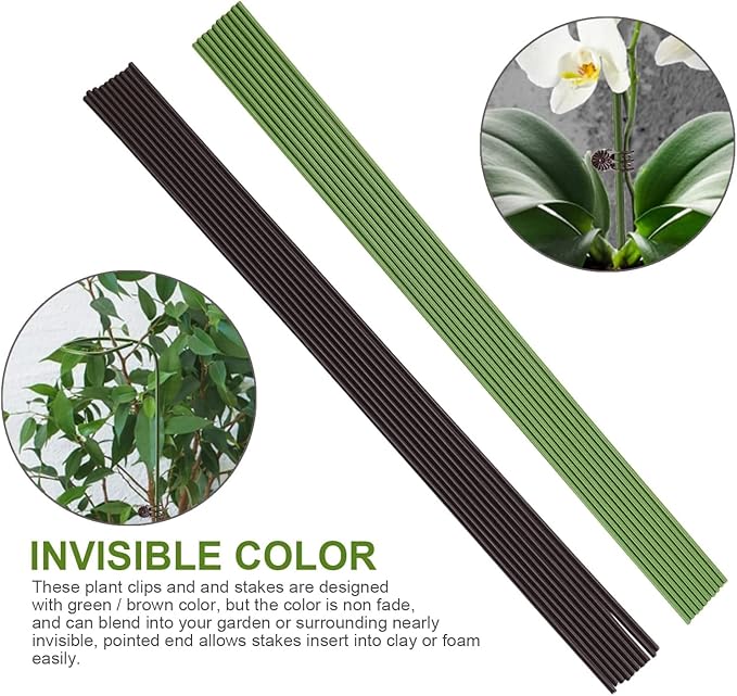 10PCS Garden Metal Plant Stakes with 15PCS Vine Fixing Clip Set, 15.75inch Tall Single Stem Flower Stakes, Bendable Plastic Coated Garden Plant Stakes Holder for Amaryllis Orchid Lily Rose(Brown 40cm)