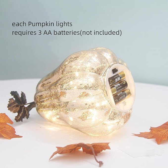 Mercury Glass Pumpkin Lights with Timer, Battery Operated Led Pumpkin Lights for Halloween Fall,Thanksgiving Rustic Decor (Silver Leafy, 9")