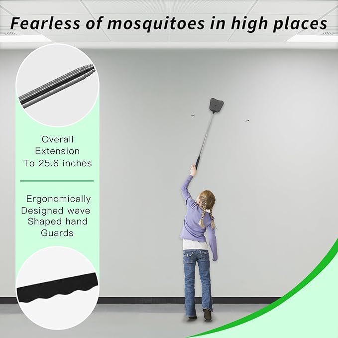 Fly Swatter 2 Pack, Durable Heavy Duty Plastic Fly Swatters, Stainless Steel Telescopic FlySwatter for Indoors/Outdoor/Kitchen/Garden (Black+Black)
