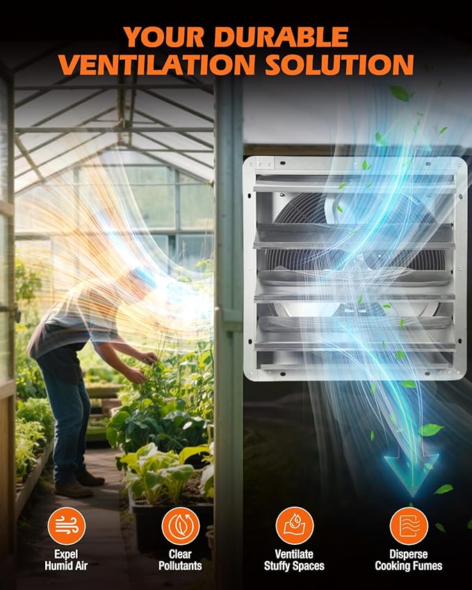 JVO 18 Inch Shutter Exhaust Fan - 2600 CFM High Velocity Wall Mounted Ventilator, 1.8m Power Cord, Auto Shutters - for Garage, Attic, Greenhouse, Shed, Shop, Workshop & Industrial Ventilation