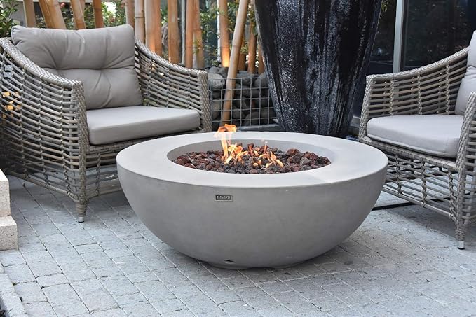 Elementi Lunar Bowl Fire Pit Bundle Outdoor Firepit Set Includes 42” Propane Concrete Firepit Bowl, Glass Windscreen, Stainless Steel Cover, Canvas Cover, Lava Rocks