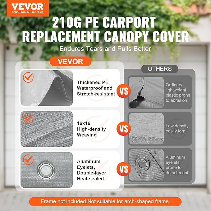 VEVOR Carport Replacement Canopy Cover 13 x 20 ft, Garage Top Tent Shelter Tarp Heavy-Duty Waterproof & UV Protected, Easy Installation with Ball Bungees,Grey (Only Top Cover, Frame Not Include)