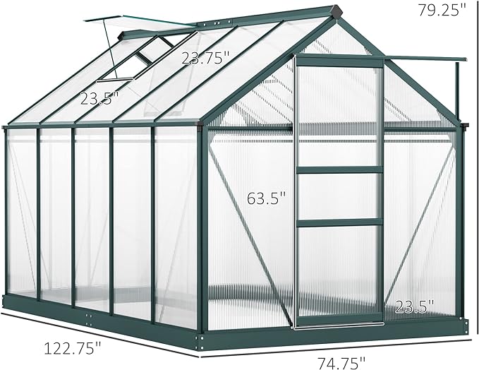 Outsunny 6' x 10' Greenhouse for Outdoors, Polycarbonate Greenhouse with Rain Gutter and Roof Vent, Aluminum Walk-in Green Houses for Outside for Patio Backyard Garden, Dark Green