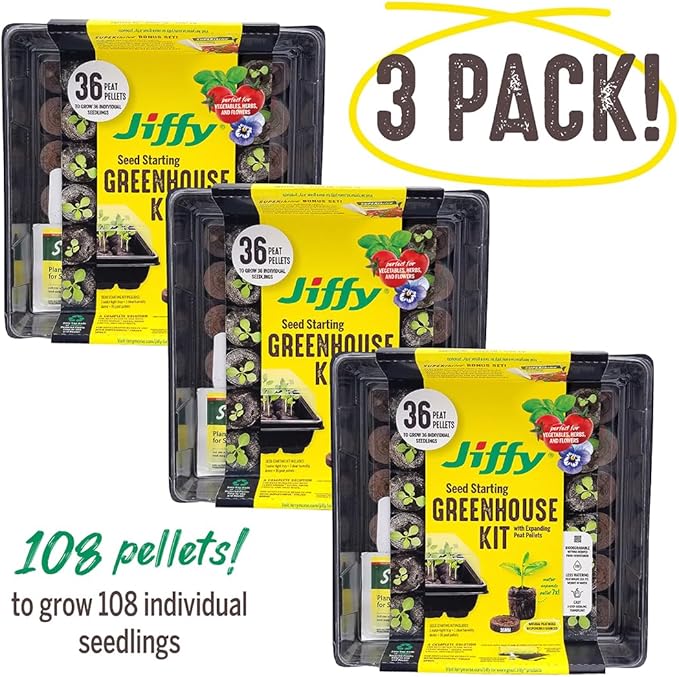 Jiffy Seed Starting Tray Kit, 36 Cell 36mm Peat Pellets with Bonus - 3 Pack, 108 Pellets Total