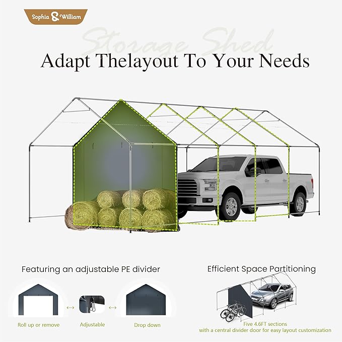 Sophia & William Carport Storage Shed 13x24 ft Portable, Heavy Duty Car Port Canopy Garage Shelter with Sidewalls and Roll Up Doors for Automobile Boat Motorcycle Bike, Gray