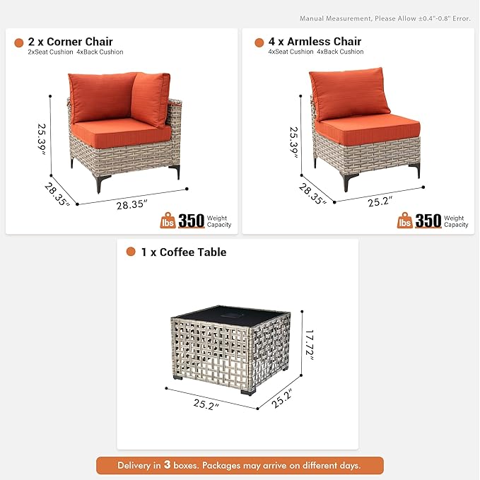 Outdoor Sectional Patio Furniture Set with Glowing Table,7 Pieces Wicker Conversation Sets L Shaped Couch Out Door Sofa Set Outside Furniture for Garden Deck Yard Porch,Orange Red