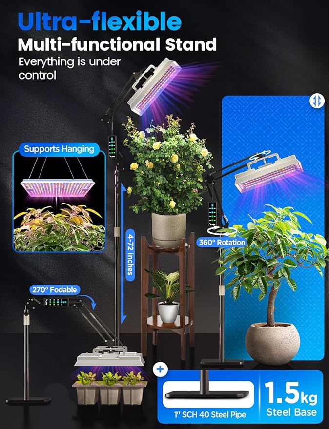 Grow Lights for Indoor Plants, [Smart APP & Expansive 2x3 Ft Coverage] Genuine 100Watt LED Full Spectrum Standing/Hanging Growing Plant Lamps, 8-Level Brightness, 270°Folding, 360°Rotation