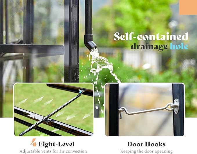 AMERLIFE 12x13.5x9 FT Hybrid Polycarbonate Greenhouse with Quick Connector Fast Assembly Clear Panels, Walk-in Large Aluminum Greenhouses for Outdoors, Swing 2 Doors 4 Vents, Black
