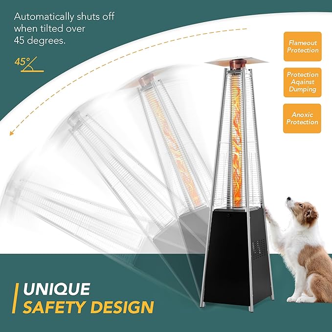 Pamapic Patio Heater with Cover, 48,000 BTU Pyramid Flame Outdoor Heater Quartz Glass Tube Propane