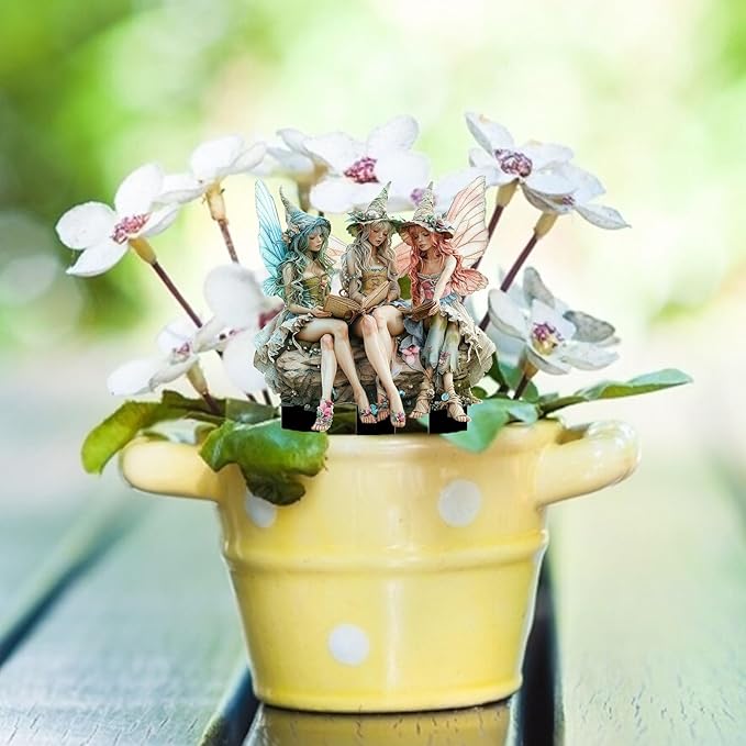 Fairy Garden Stake Decor, 2D Flat Acrylic Fairy Garden Decor Panel, Elf Yard Sign for Outdoor Indoor Yard Lawn Plants Pots, Fairy Yard Accessories (Three Fairies)