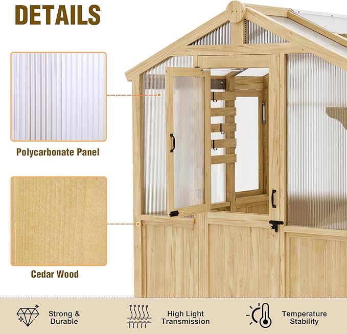 EAGLE PEAK 6.7x9.7x7.7 ft Wood and Polycarbonate Walk-in Greenhouse, Cedar Hobby Green House with 2 Roof Vents, Natural