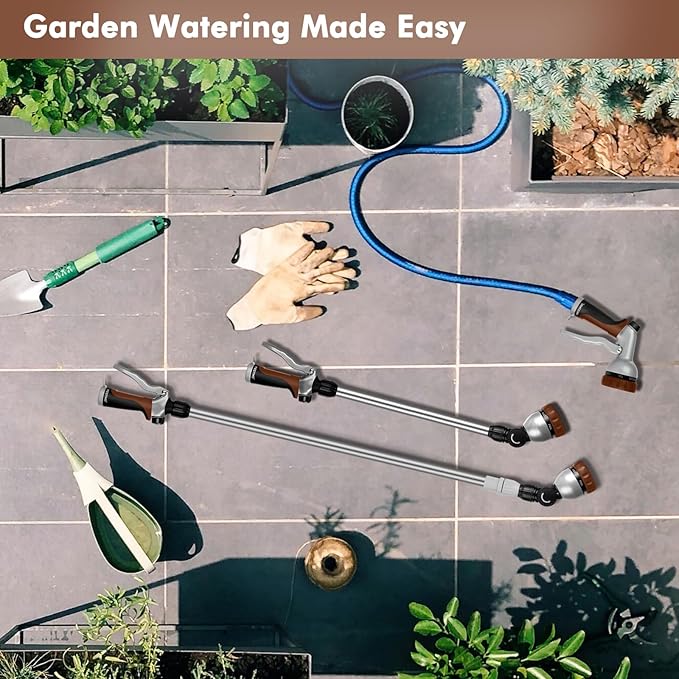 RESTMO 36”-60” Metal Watering Wand, Long Telescopic Tube | 180° Adjustable Ratcheting Head | 7 Spray Patterns | Flow Control, Garden Hose Sprayer to Water Hanging Baskets, Shrubs, Brown