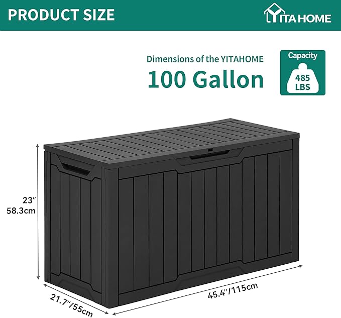 YITAHOME 100 Gallon Outdoor Storage Box, Large Water Resistant Resin Deck Box, Indoor Outdoor Lockable Storage Container for Patio, Garden, Cushions, Tools, Equipment (Black)