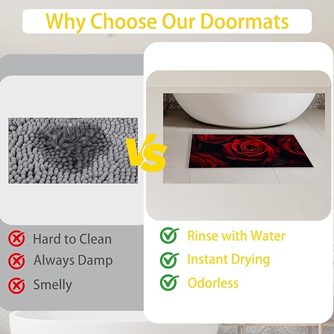 Red Rose Flower Indoor Outdoor Rugs,Modern Floral Doormat Outside Entrance,Non-Slip Welcome Mat Indoor Felt Floor Mat for Back Door Patio, Porch,Home Entryway,30 x 17 Inch